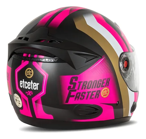Casco de moto Etceter Stronger Faster, cerrado, color rosa y dorado, talla 58