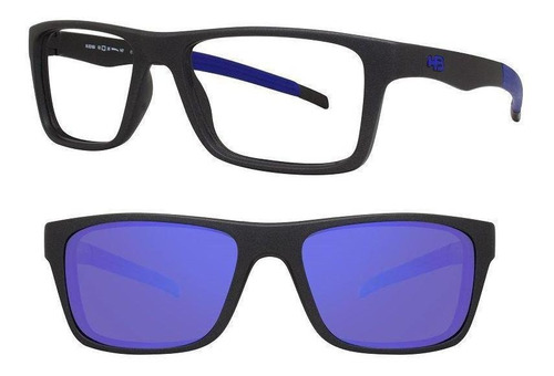 Armação Oculos Grau Hb Grafite Fosco Clip On Azul Espelhado