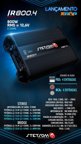 Módulo de alimentación digital Stetsom Ir800.4 800 W Rms, 4 canales, color negro