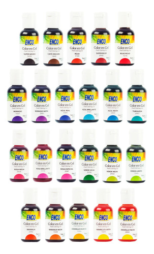 Kit 22 Colorantes Gel 20g Enco Tonos Básicos Neón Reposteria