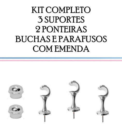 Varão Cromado 2 Metros 19mm Fino Com Kit De Instalação Cor Cinza Claro