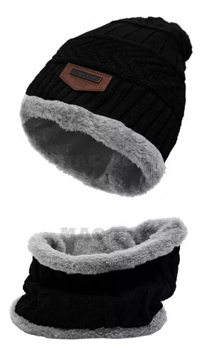 Gorro + Cuello Lana Invierno Con Corderito Combo Negro M Rayas