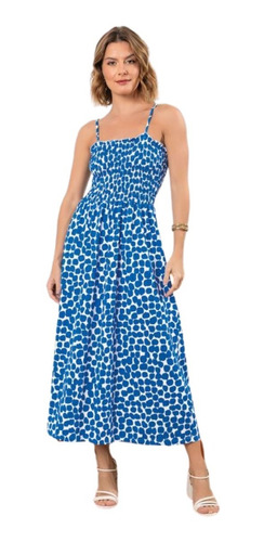 Vestido Longo Feminino Fluído De Alças Com Elastex Azul Poá