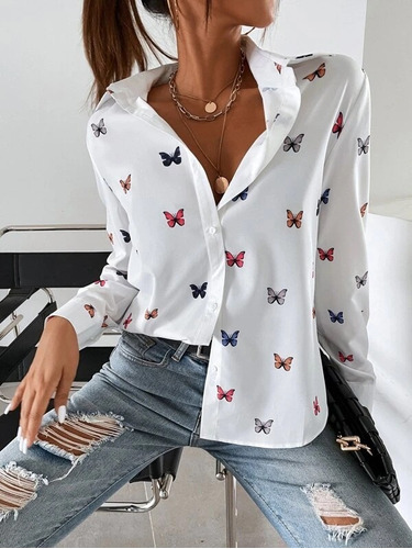 Camisa De Manga Larga Con Estampado De Mariposas Para Mujer