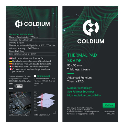 Pad Térmico Coldium Skade 95x55x1.0mm Premium Pro Oc 17w/m-k