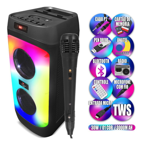 Caixa De Som Bluetooth 30w Rgb Tws Fm Usb Microfone Cor Preto