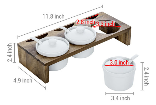 Mygift- Juego De 3 Salseros Ramekines Incluyen Una Charola Madera De Acacia Y Cerámica Blanca