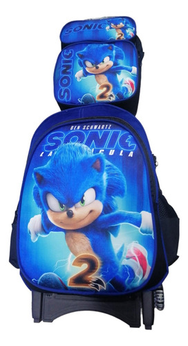 Morral Mochila Escolar Con Ruedas Sonic Lonchera Kitx3 