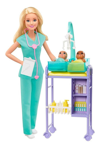 Muñeca Barbie Doctora Pediatra Con 2 Bebes