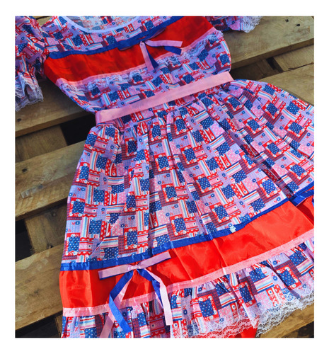 Vestido Festa Junina Infantil Estampado Com Laço Azul E Rosa