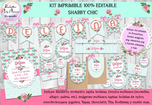 Kit Imprimible Candy Shabby Chic Rosa Y Aqua 100% Editable
