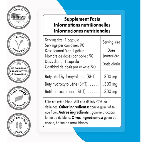 Super Smart Bht 300mg 90 Cápsulas Antioxidante