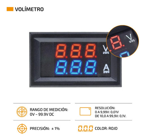 Imagen 3 de 7 de Voltimetro Amperimetro Medidor 99.9v 10a Display Rojo Y Azul