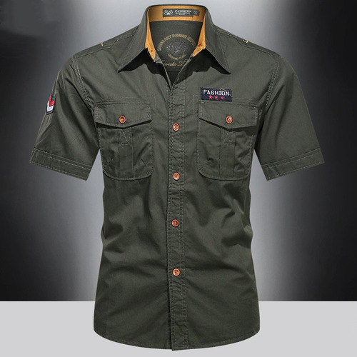 Camisa Cargo Camisa Masculina Camisa De Manga Curta Com Bols