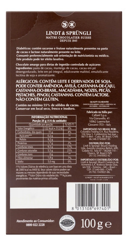 Chocolate amargo Fondente Lindt sem glĂșten caixa 100 g