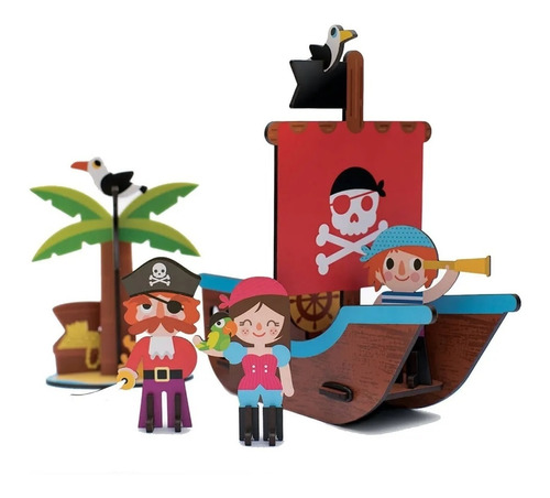 Rompecabezas Puzzle Infantil 3d Barco Pirata Madera Woodaloo