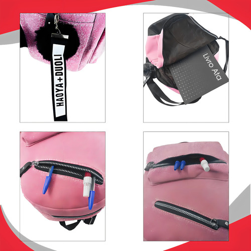 Mochila de mujer con lentejuelas brillantes y llavero con pompón, moderno, color negro