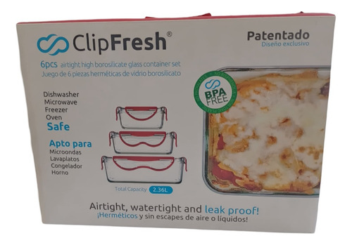 Juego De 3 Pzs Contenedores Rect. Vidrio C/t Roja Clipfresh