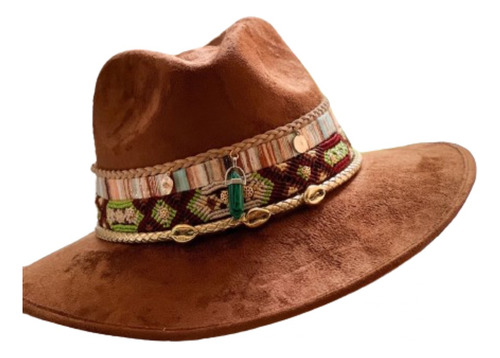 Sombrero Artesanal Indiana De Gamuza Color Cafe Estilo Boho