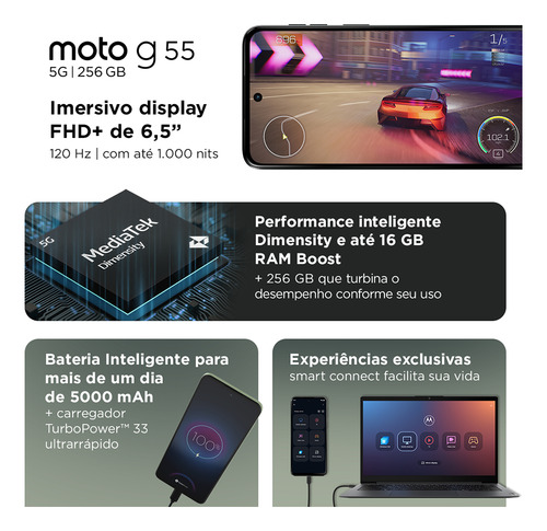 Smartphone Motorola Moto G55 5g, 256 GB, 16 GB de RAM Boost y cámara de 50 MP con pantalla Ai NFC 6.5 con superbrillo, verde