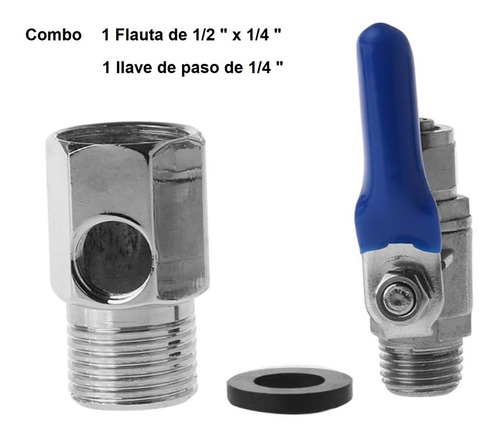 Llave Valvula Bola 1/4'' Agua Combo + Niple Flauta 1/2  Tc.