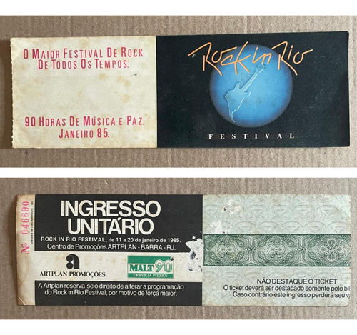 Ingresso Rock In Rio 1985 - (19/01/1985) - Raridade (Usado)