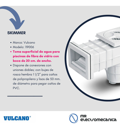 Skimmer Vulcano + Tapa Intermedia + Acople / Pileta Fibra