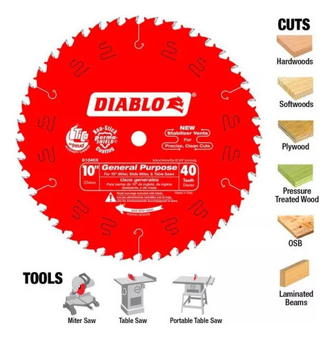 Disco Sierra Diablo 10 PuLG 40 Dientes Rojo- E.o