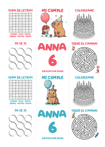 Kit Imprimible Planillla Juegos Cumpleaños Capibara Editable