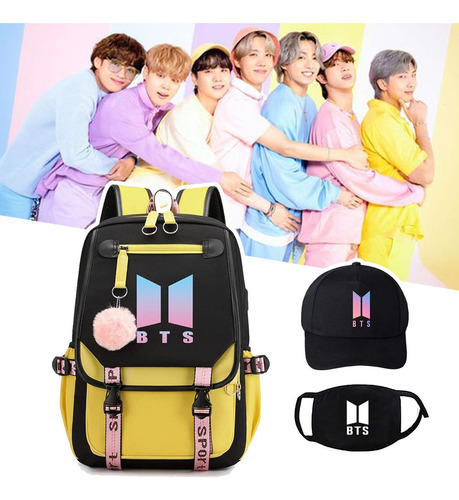 Mochila Escolar K-pop Bts Para Estudiantes, Máscara Y Gorro