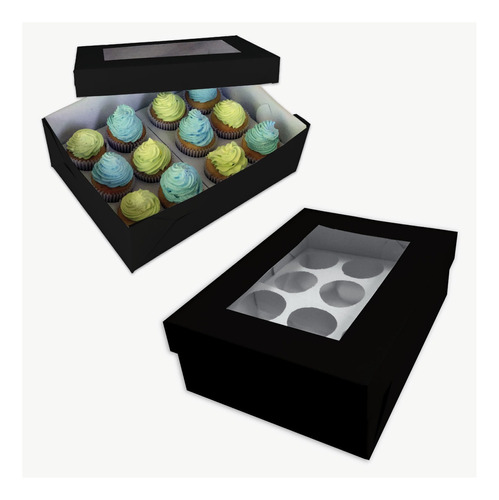 Cajas Para 12 Cupcakes C/cuna Y Visor Negra Pack X50