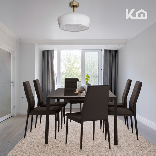 Juego Comedor 6 Sillas Con Mesa De Vidrio Templado Rectangular Estructura Metálica Para 6 Personas Moderno Color Marrón Kingshouse