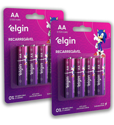 08 Pilhas Aa 2700mah Recarregável Elgin 02 Cart. C/ 4 Unid