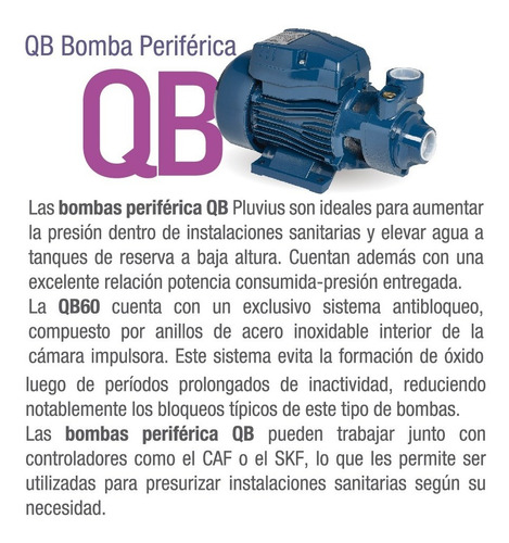 Bomba Periférica Pluvius QB60 - 220V - 50 Hz - 0.5 hp - Monofásica