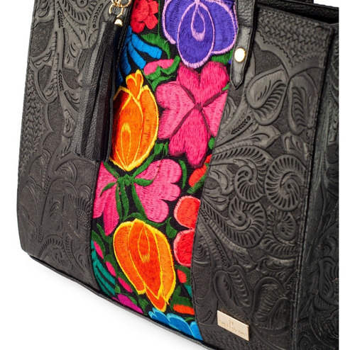 Imagen 2 de 7 de Bolsa De Piel Con Telar Artesanal Y Asa Ajustable Bolso Dama