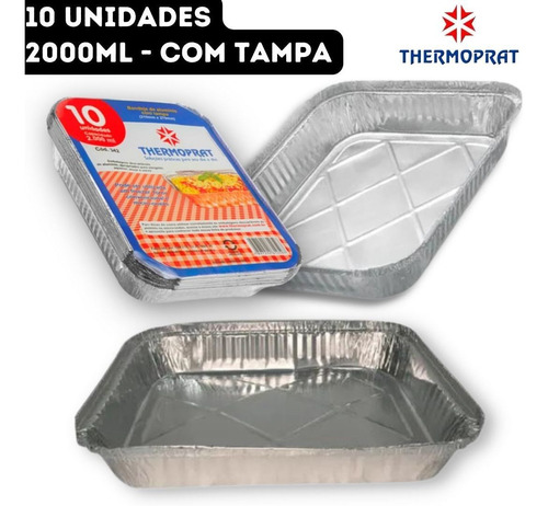 10un Bandeja Marmitex 2000ml Alumínio Retangular Com Tampa