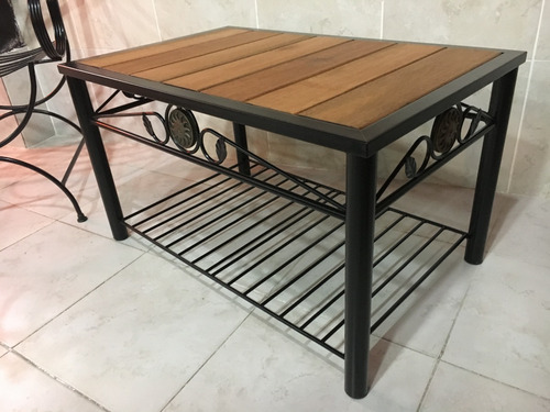 Imagen 2 de 10 de Mesa Ratona Industrial Hierro Y Madera Estantes Deck Forjado