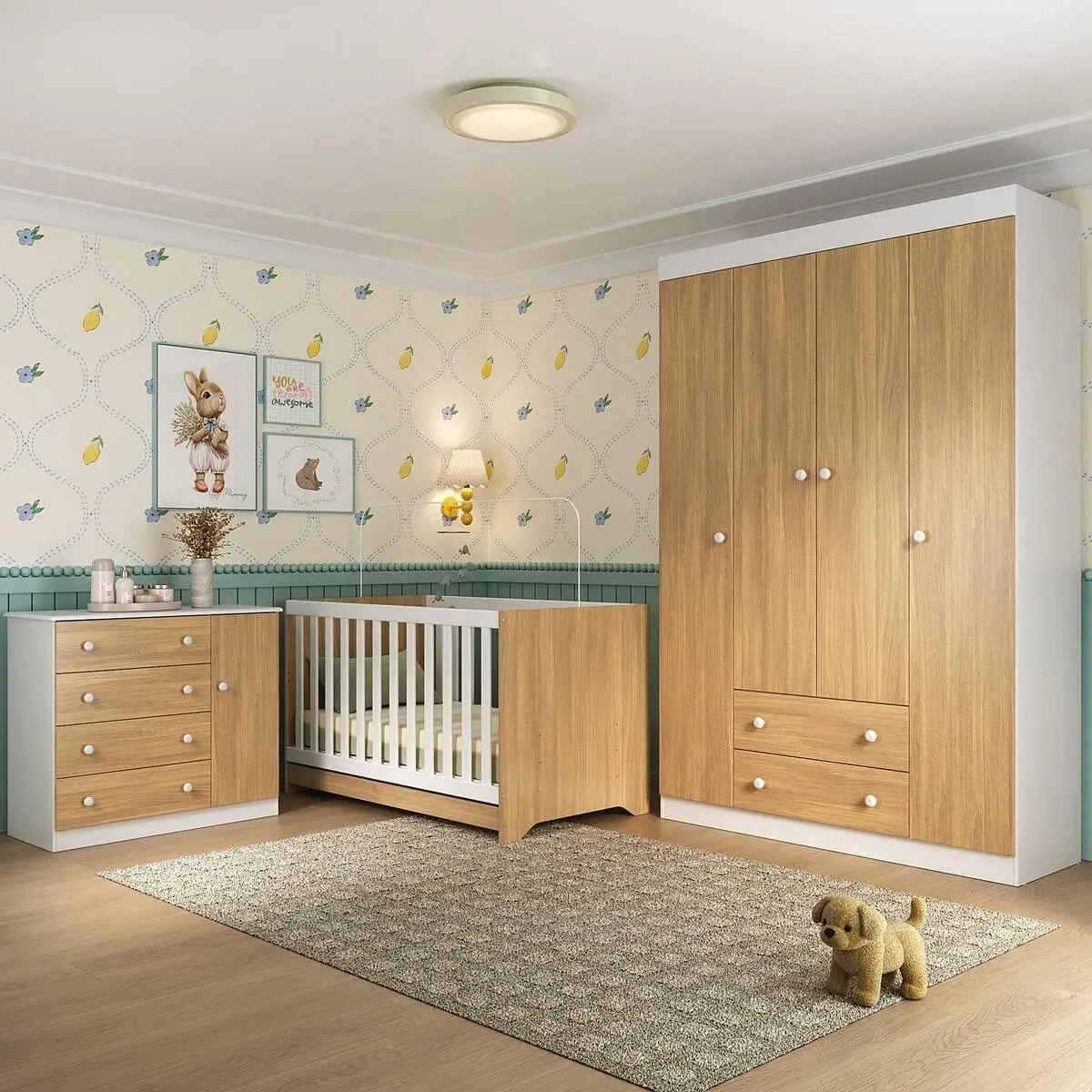 Quarto de Bebê Completo Berço Americano 3 em 1 Encanto Multimóveis MP4581 Branco/Madeirado