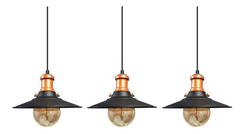 Kit 3 Pendente Nordic Modernize A Área Externa Churrasqueira Cor Preto C/ Cobre 110v/220v
