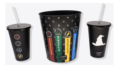 Hogwarts Kit Pipoca Almofada + Balde + 2 Copos Harry Potter