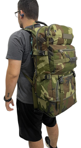 Mochila Tática Militar Camuflado Verde 80l - Lona Reforçada, Bolsos Externos, Resistente À Água, Ideal Para Camping E Aventura