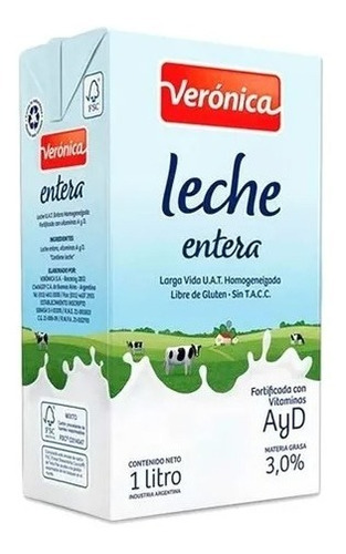 Leche Verónica Entera Larga Vida Sin Tacc 1 Litro Pack X 12u