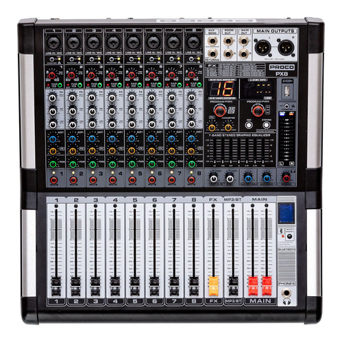 Proco Px 8 Power Mixer Consola Potenciada Audio Bt Usb Fx 