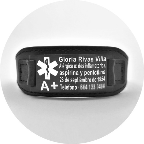 Imagen 1 de 6 de Pulsera Piel Alerta Médica Grabado Láser Personalizado 1172