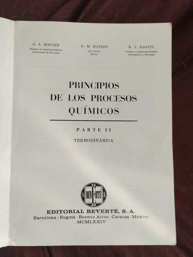 Libro Principios De Los Procesos Químicos Tomo 2 Hougen (Usado)