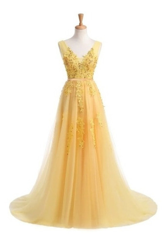 Vestido De Festas Princesa Kerry Yellow Com Tulle Pérolas