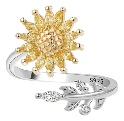 Anillo Giratorio Flor Girasol Antiestres Plata 925