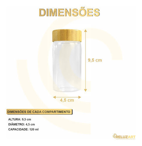 Kit Porta Temperos 5 Potes 130ml Vidro E Suporte Tampa Bambu