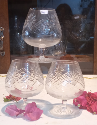 Antiguas Copas De Cognac Cristal Tallado Impecables 3u N343 Transparente (Usado)