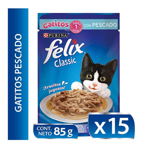 15x Alimento Para Gatos Felix Gatitos Pescado 85gr Np
